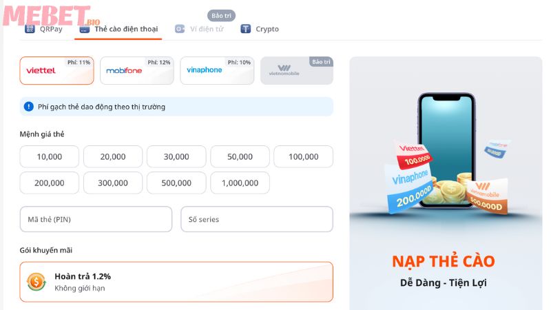 Thẻ cào điện thoại nạp tiền Mebet