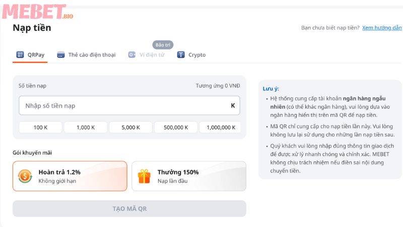 Nạp tiền Mebet qua ngân hàng